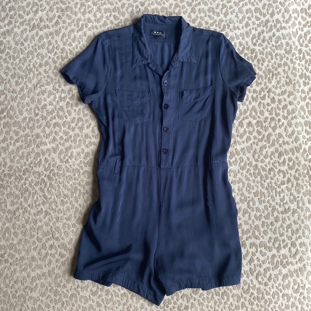 A.P.C. Navy Button Down Romper Shorts Playsuit, size L - Picture 2 of 8